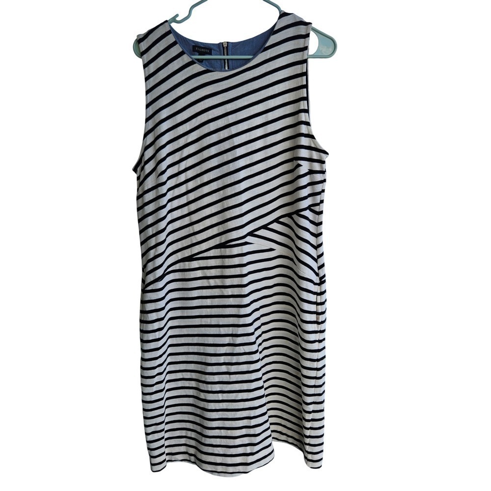 Talbots Shift Dress Womens Large Black White Striped Cotton‎ Sleeveless Back Zip